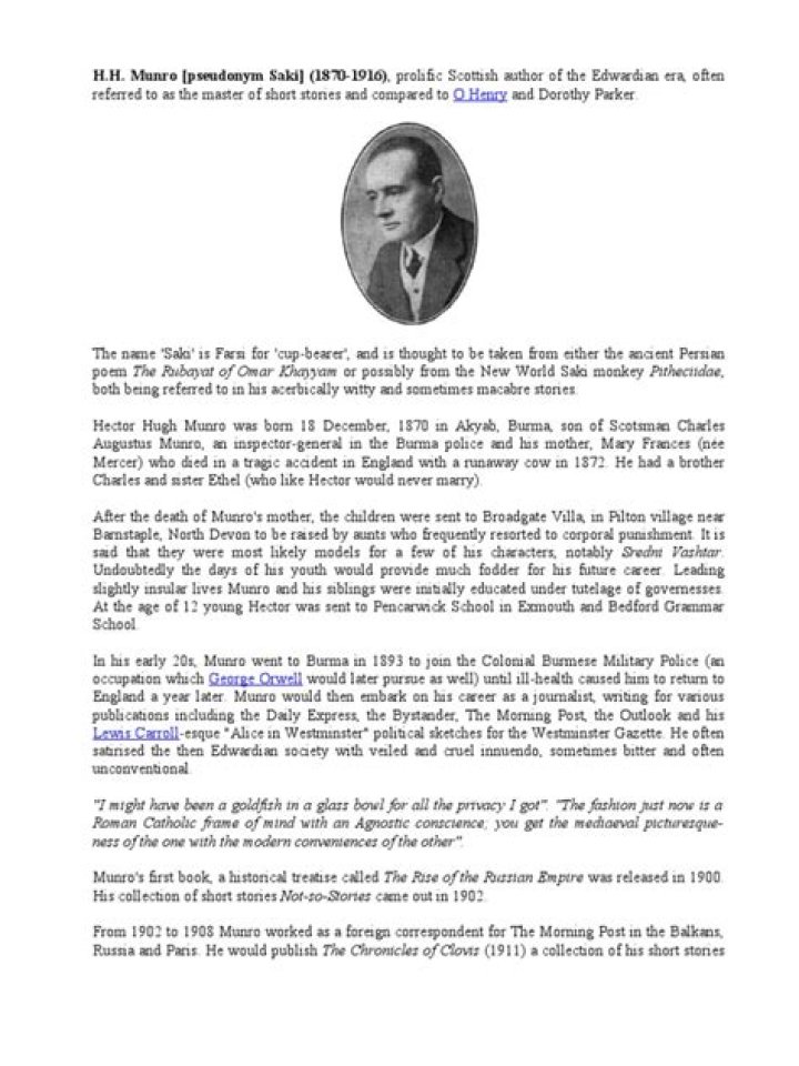 Hector Hugh Munro Biography - Facts, Childhood, Family Life & Achievements